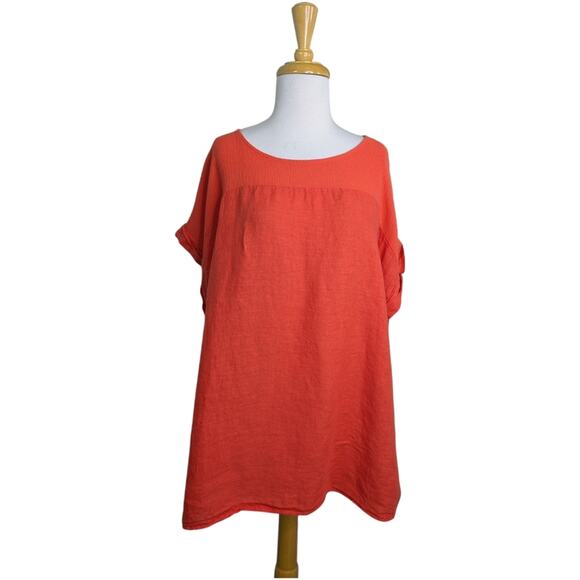 Saiph Lab 100% Linen Orange Tunic Top 3X Textured Knit Yoke Cap Sleeve - Picture 9 of 9